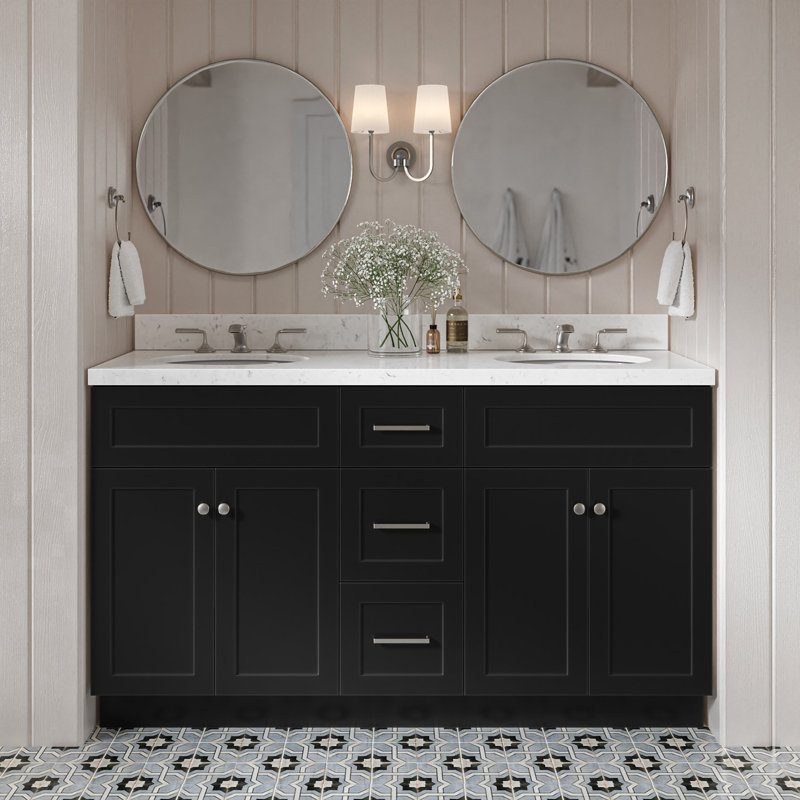 Abell 60.25'' Bathroom Vanity with Carrara Quartz Top, Brushed Nickel, Black