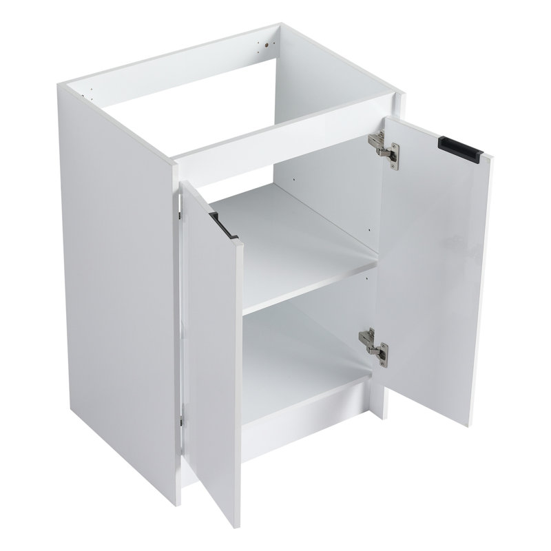 Meuble-lavabo autoportant de 48 po avec lavabo en résine, 2 coins de rangement, charnières de porte à fermeture en douceur, contreplaqué blanc brillant, sections de stratégie d'organisation, plan de clôture