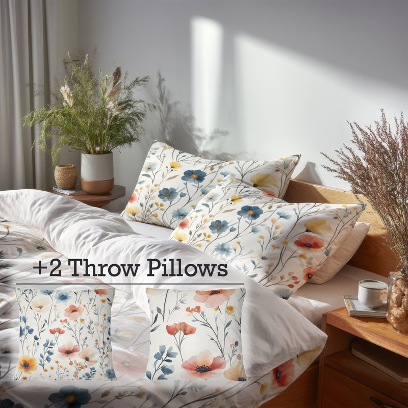 Ensemble de literie à motif floral 5 pièces - Ensemble de housse de couette et de coussin rouge Boho Meadow Flowers