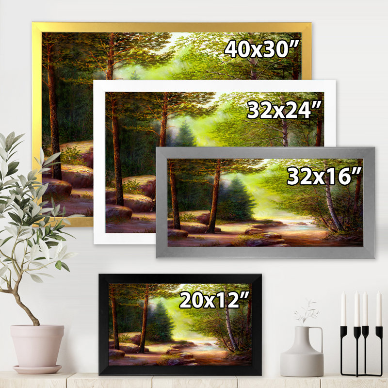 «Morning Sunlight Through The Spring Trees», peinture sur toile, Cadre noir, H 30 po x l 40 po x 1,5 po