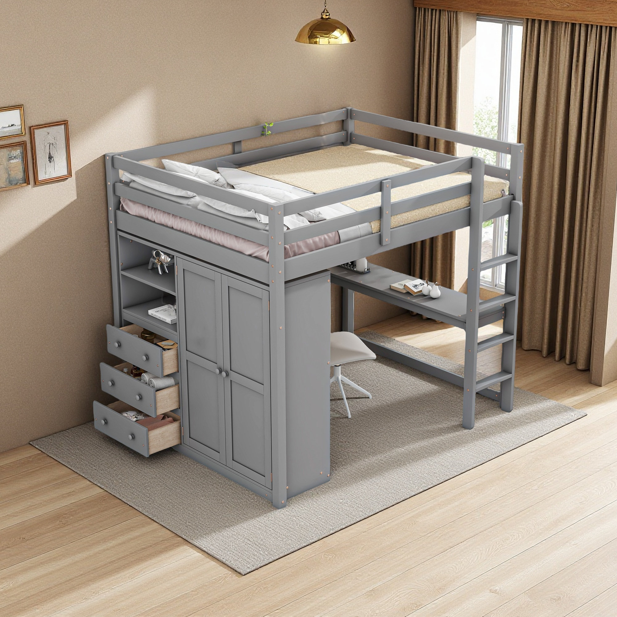 Harriet Bee Wood Full Size Loft Bed With Built-In Wardrobe, Desk ...