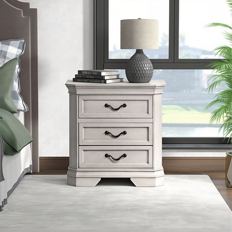 Table de chevet 3 tiroirs Ailany, Blanc antique
