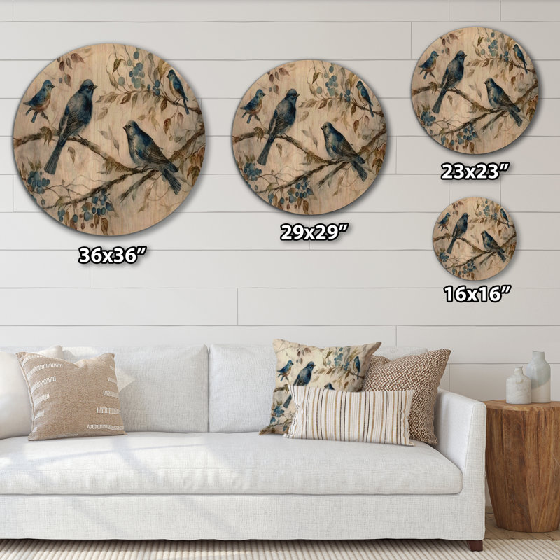 Four Vintage Blue Birds On A Branch IV - Unframed Print on Wood, 29" H x 29" W x 1'' D