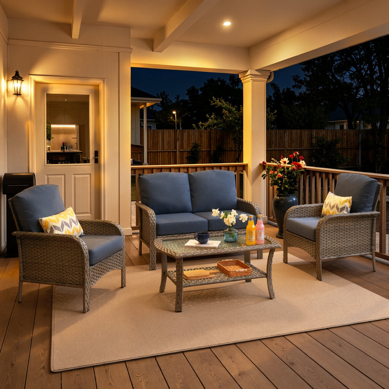 4 Piece Rattan Sofa Seating Group with Cushions, Gray/Denim Blue