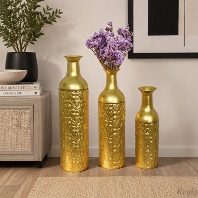 Gold Leaf Pattern Metal Floor Vases Set of 3