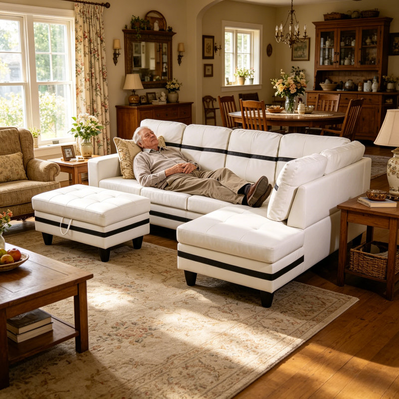 Rilan 103.5'' Faux Leather Sofa & Chaise, White Faux Leather, Left Hand Facing