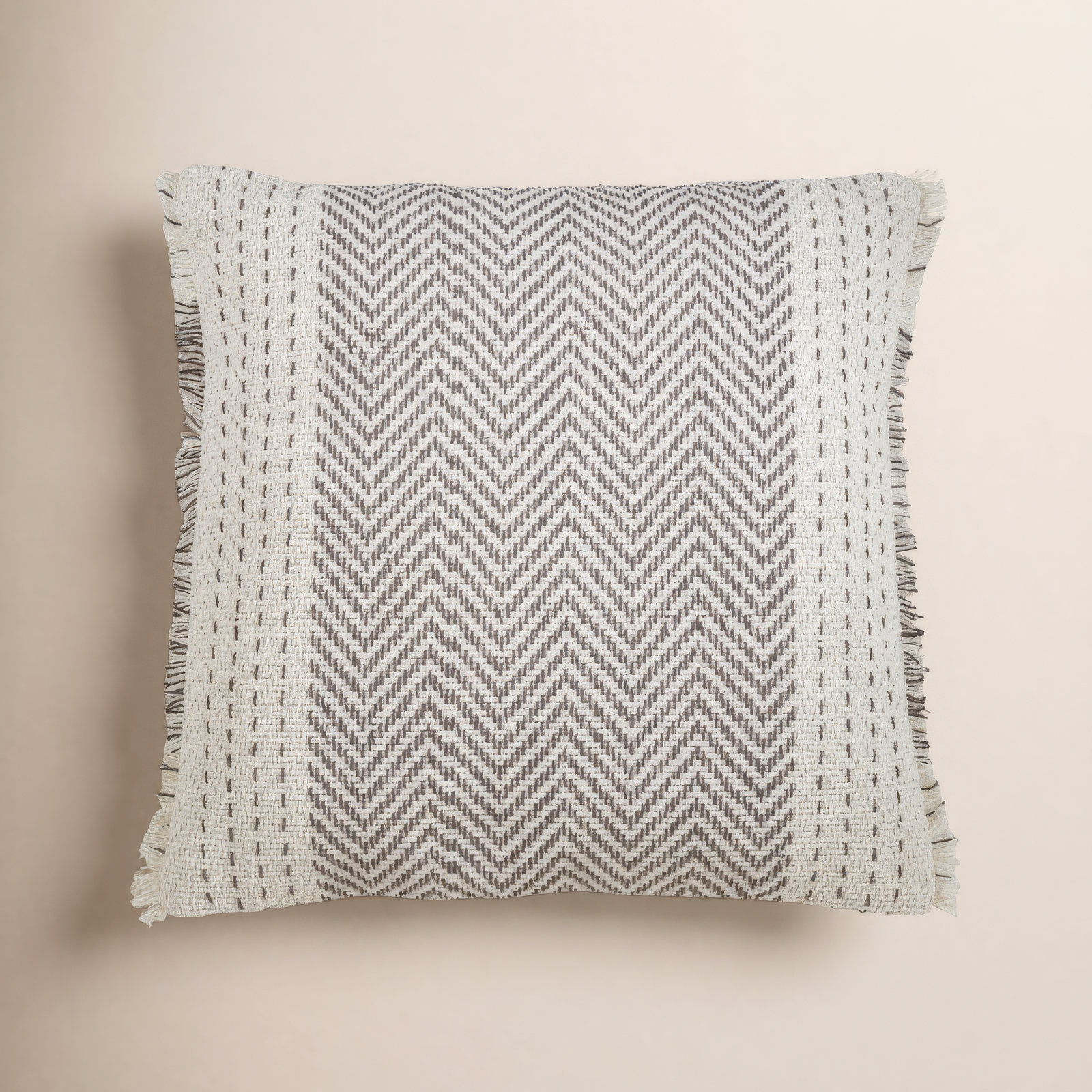 Carey Fringed Cotton Throw Pillow, Feathers, Gray/Ivory