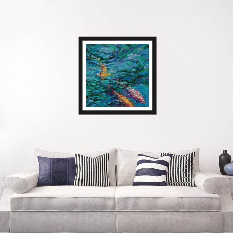 Iris Scott - Koi Pool, reproduction d'art sur toile tendue, H 16 po x l 16 po x P 1 po, Papier d'art encadré noir, Blanc