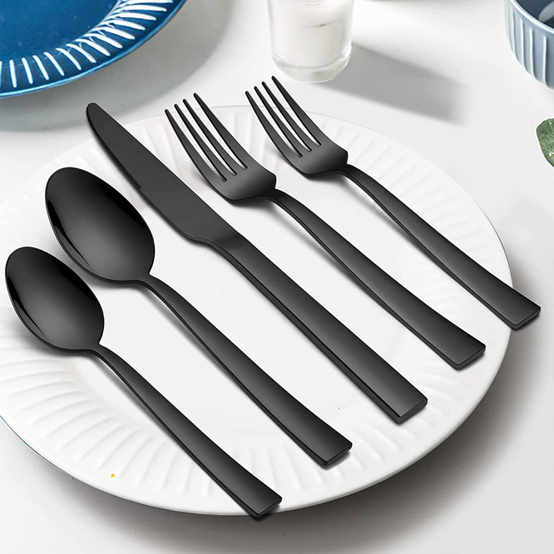 Everly Quinn Stainless Steel Flatware Set - Service for 8, Black