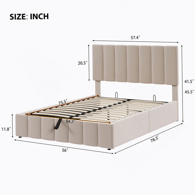 Lit plateforme double avec système de rangement hydraulique beige, Beige, Double