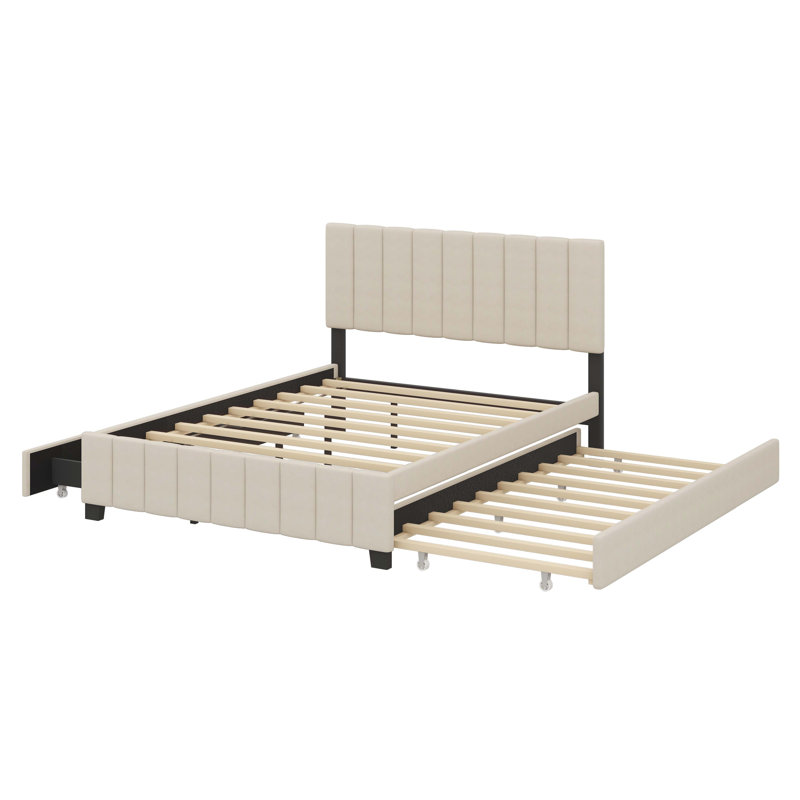 Grand lit plateforme tapissier en velours avec 2 tiroirs et lit gigogne simple TG, Beige