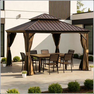 Pavillon de jardin extérieur 13 po x 13 pi avec double toit en acier galvanisé, système de drainage et rideaux inclus pour un confort et un style toute l'année
