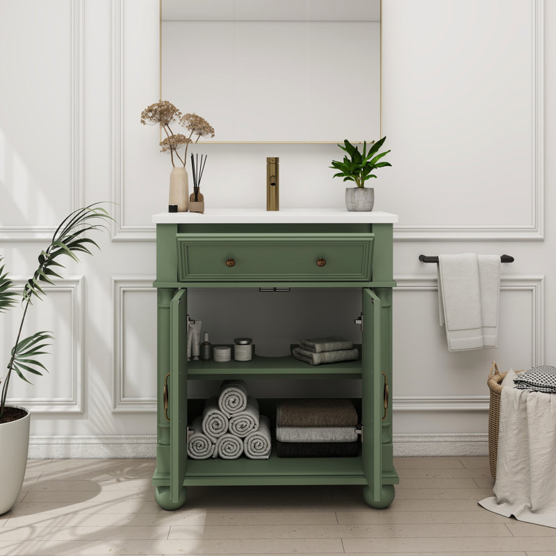 Meuble-lavabo de salle de bain de style médiéval, profondeur de 70,6 cm (27,8 po), lavabo intégré, tiroir et placards à abattant, étagères réglables en hauteur pour un rangement maximal. Évacuation optimale.