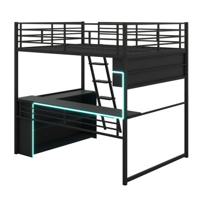 Lit mezzanine moderne en métal avec éclairage à DEL intégré, bureau et quatre tablettes de rangement