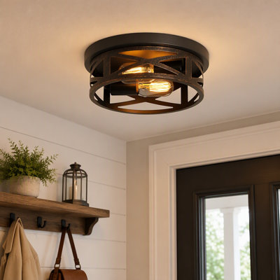 Ensemble de deux plafonniers ronds en bronze mat avec des cages en métal ajourées entrecroisées, de style maison de campagne, convenant aux couloirs, aux cuisines et aux entrées. Ampoules non incluses.