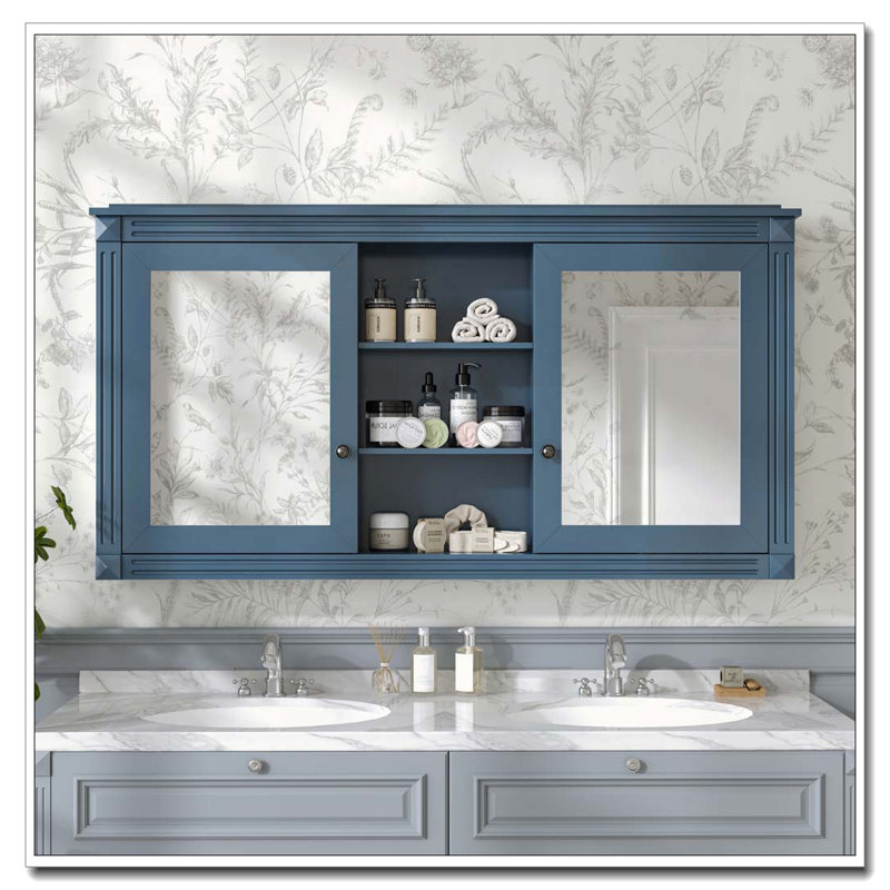 55 inch Wall-Mount 2-in-1 Mirror Cabinet, Blue