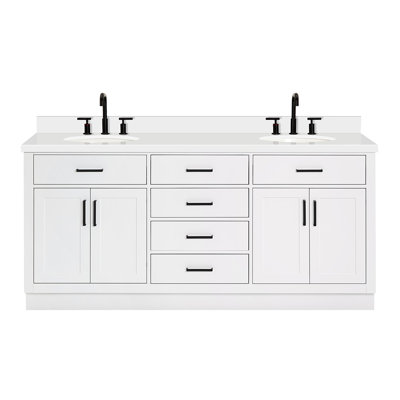 Meuble-lavabo double en bois massif 72 po Tidworth avec plateau en quartz blanc 1,5 po