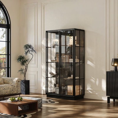 75'' H Display Bookcase With Sliding Tempered Glass Doors, LED Spotlights & Glass Shelves