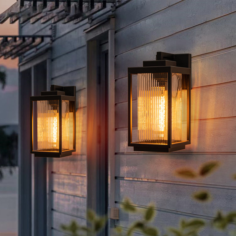 IP23 1-Light Square Outdoor Indoor Lantern Wall Sconce With Clear Striped Glass(2 Pack)