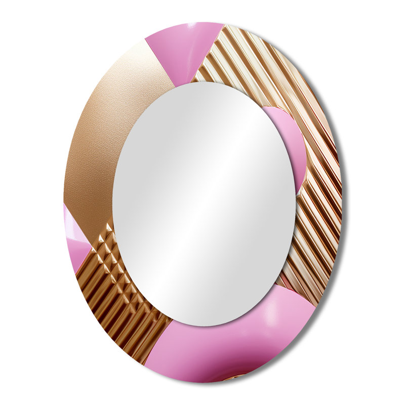 Gold and Pink Shapes in Chaos - Large Oval Wall Mirror On Metal, 43" x 33"