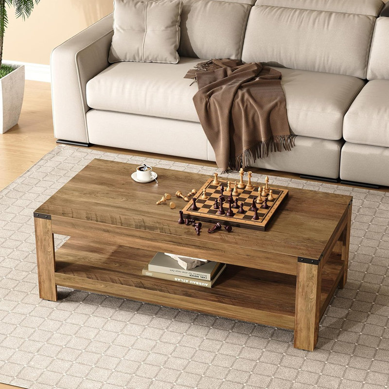 Table de salon moderne moderne en bois rustique avec rangement, table basse rectangulaire à 2 niveaux pour salon