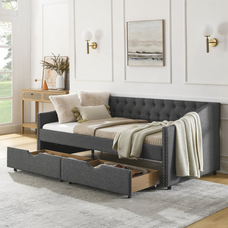Daybed With Drawers Upholstered Tufted Sofa Bed, With Button On Back And Copper Nail On Waved Shape Arms(81.5"X4"X30.5")