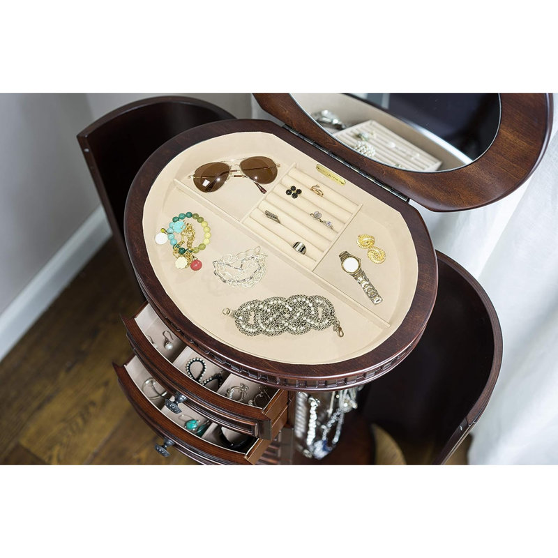 Walnut Freestanding Jewelry Armoire with Mirror and Drawers