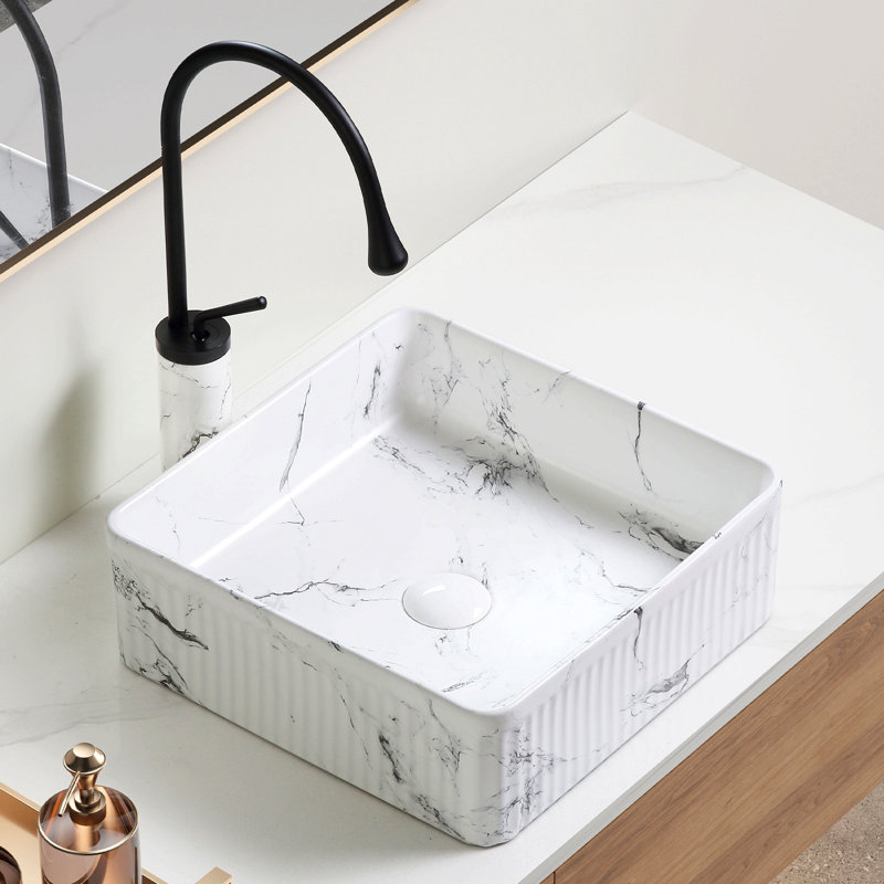 Square Vessel Sink Black White Marble 15"X15" Inch Bathroom Vessel Sink Round Above Counter Sink,Porcelain Ceramic Countertop Washing Art Basin For Vanity Lavatory Bath Cabinet With Faucet Darin