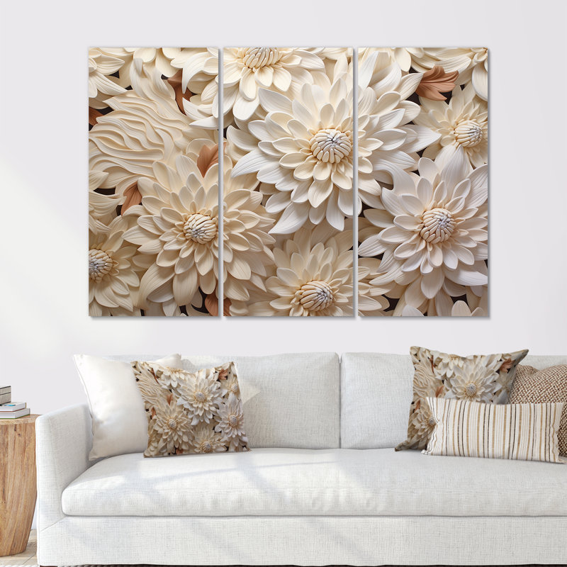 Minimalisme Chrysanthemums - Collage floral blanc I - ensemble de décorations murales, H 28 po x l 36 po x P 1 po
