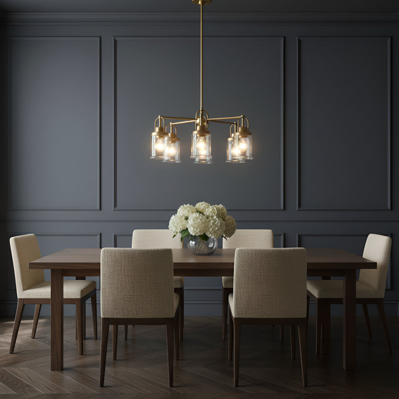 Anders 5 Light Dining Room Chandelier With Clear Shade, Satin Brass