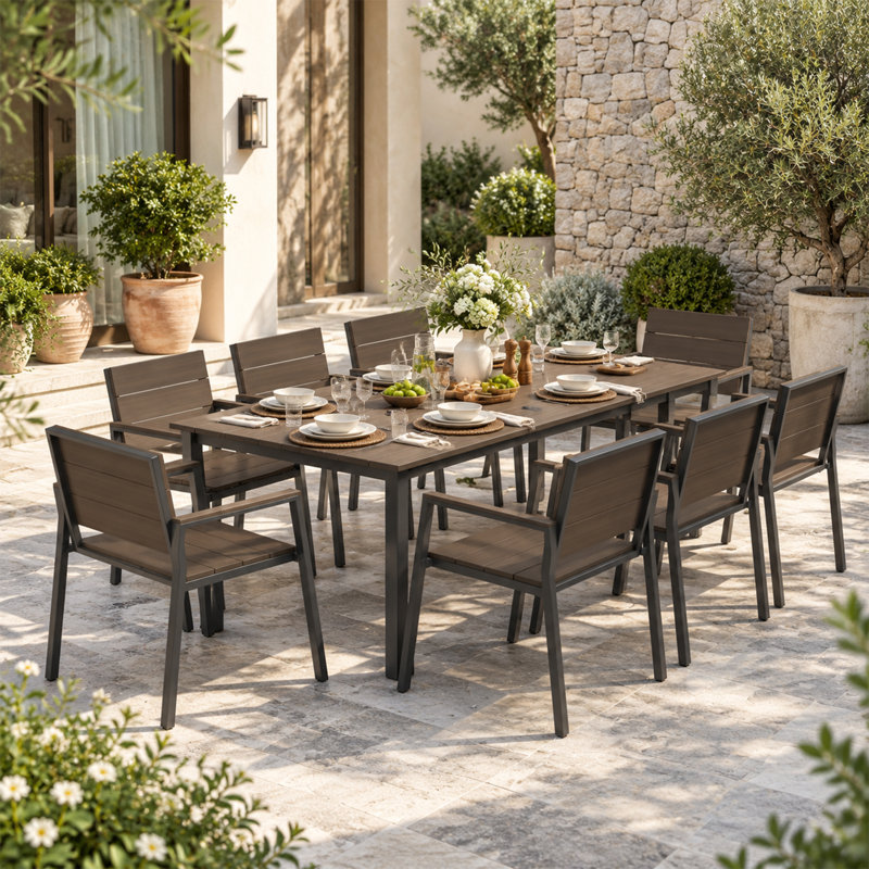 Ensemble repas 9 pièces pour patio avec trou pour parasol, Brun