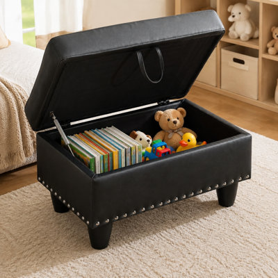 Black Faux Leather Storage Ottoman with Tufted Top & Nailhead Trim