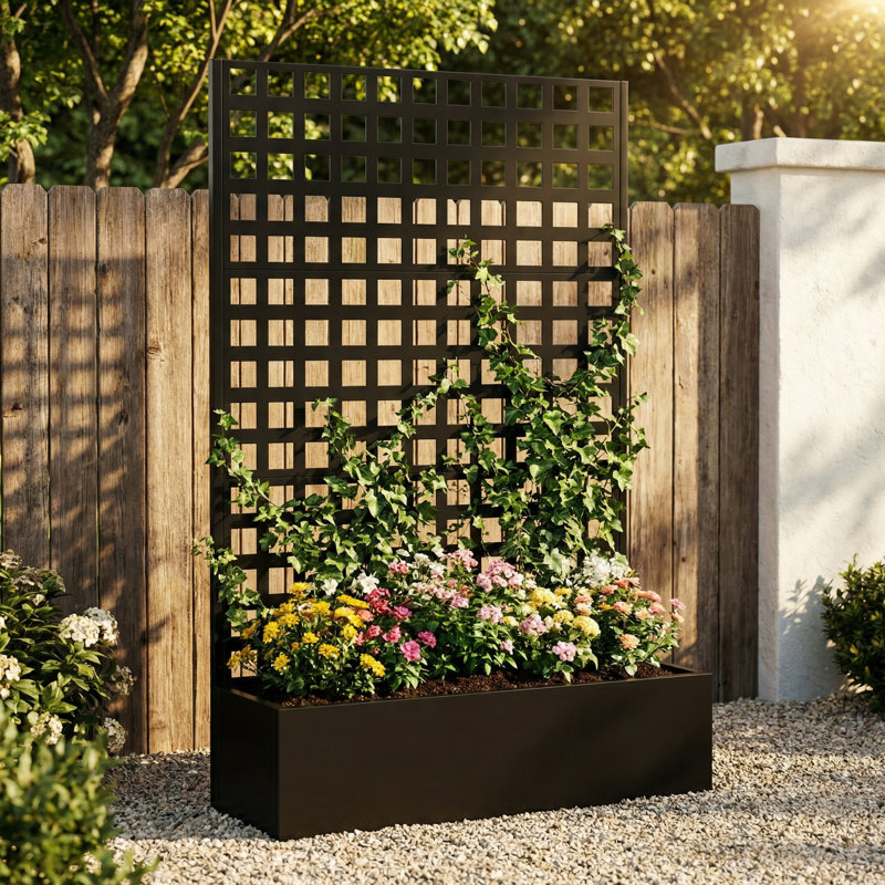 Metal Planter Box with Trellis, Galvanized Steel Raised Garden Bed with Drainage Holes for Climbing Plants, Black