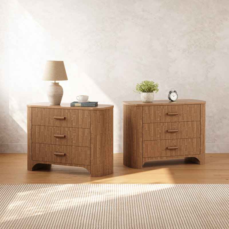31.5'' Wide LargeNightstands Set of 2, Oversized 3 Drawer Night Stand Bedside End Table, Fluted Design and Curved Tabletop