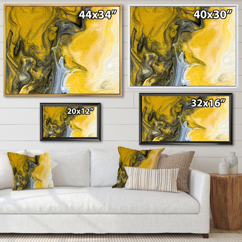 Noir noir, blanc et marbre jaune abstrait I - peinture sur toile, Cadre flottant noir, H 16 po x l 32 po