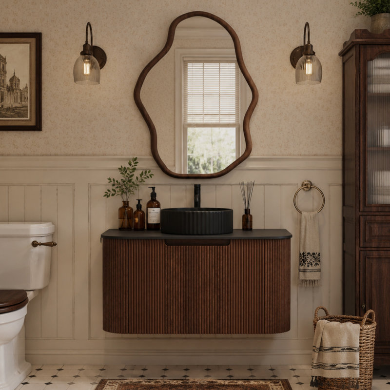 Meuble-lavabo mural moderne 36 po avec lavabo vasque noir, armoire en bois nervuré avec comptoir noir mat - conception d'inspiration Mid-Century pour les petits espaces