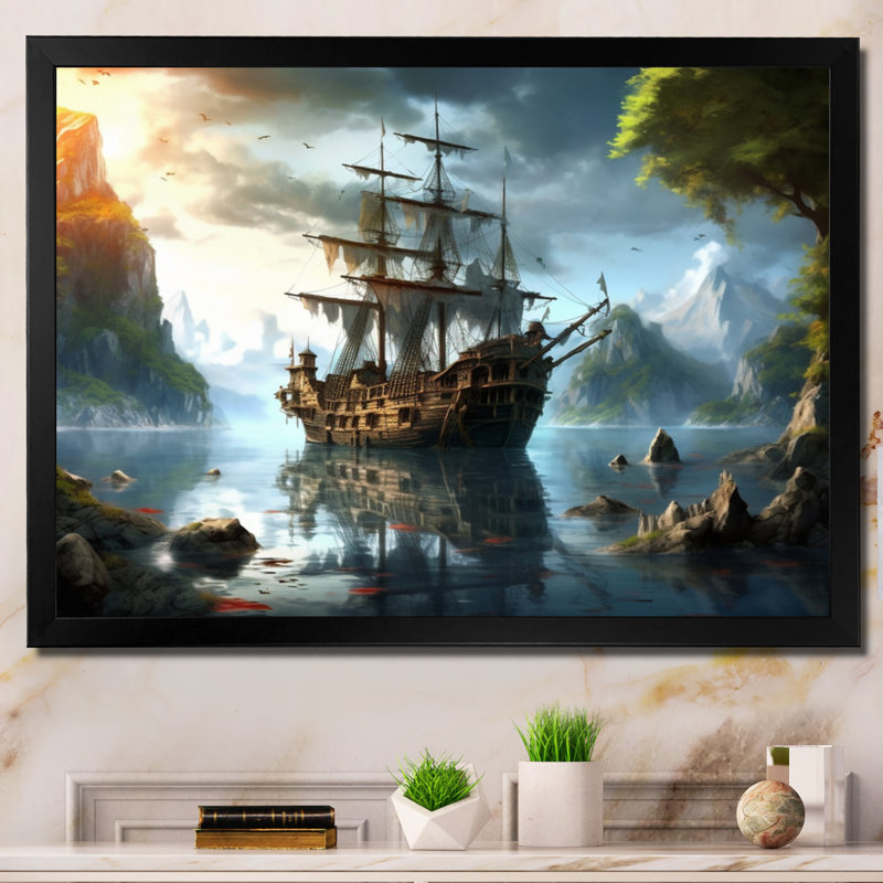 Bateau pirate en mer - art mural pirate, Cadre photo noir simple, H 12 po x l 20 po x P 1 po