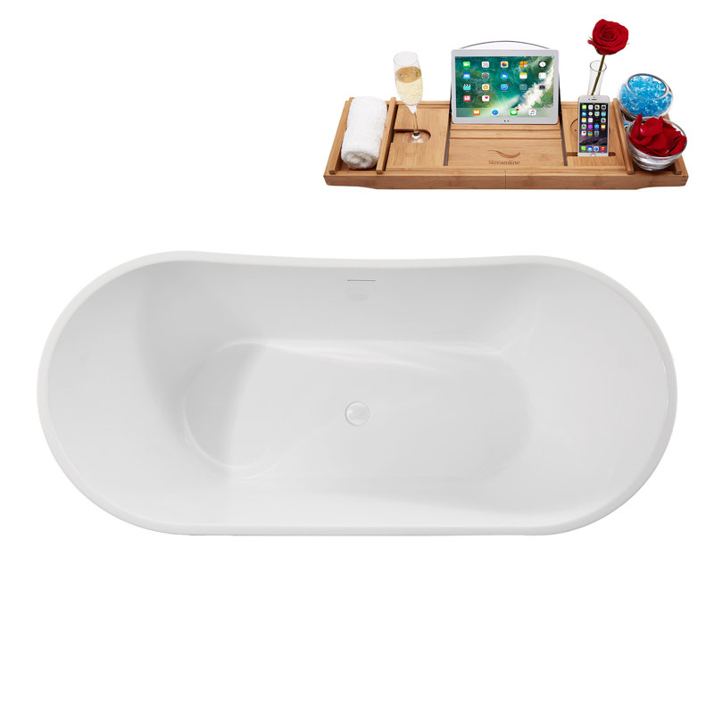 75" Streamline Soaking Freestanding Tub and Tray With Internal Drain, Glossy White