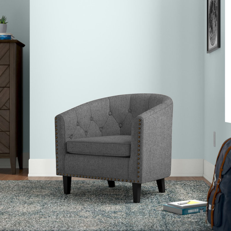 Fauteuil demi-tonneau large capitonné 28,3 po Francesca, 100 % lin gris