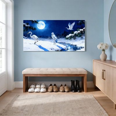 Snowy Moonlight Herons Canvas Wrapped Wall Art Oil Painting Print Set Of 1