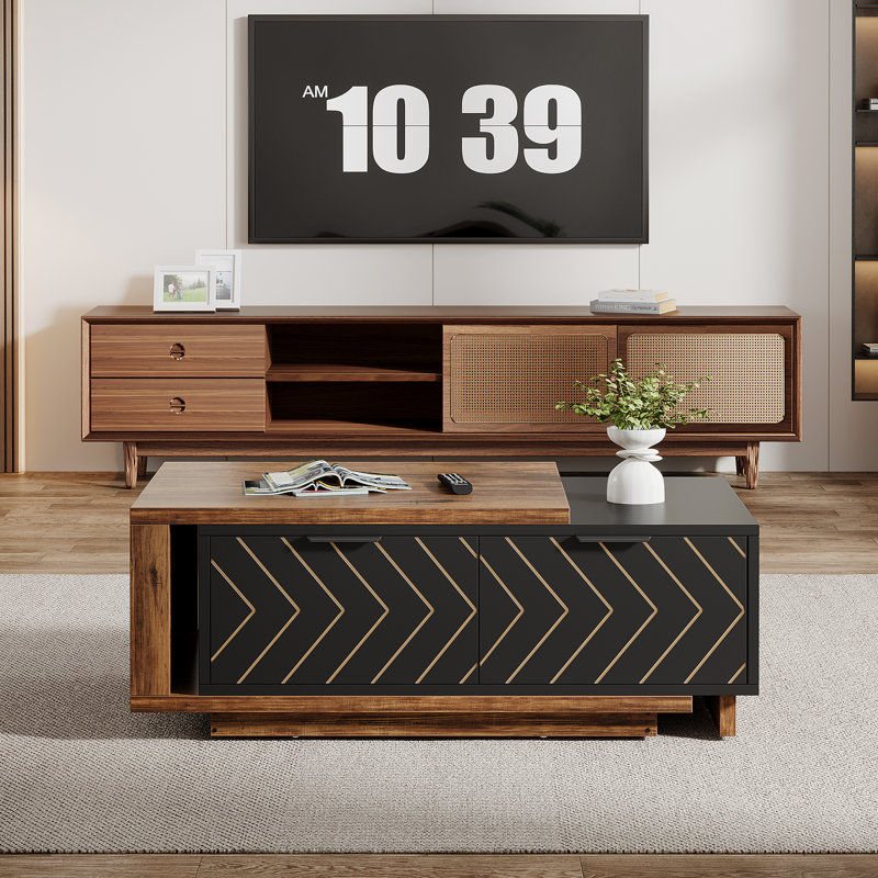 Extendable Coffee Table With 2 Storage Drawers, Dual-Tone Center Table With Sliding Tabletop, Brown/Black