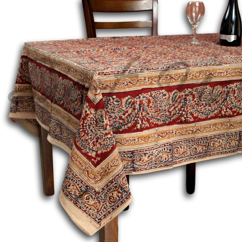 Handmade Red and Beige Cotton Floral Tablecloth 90" x 60"