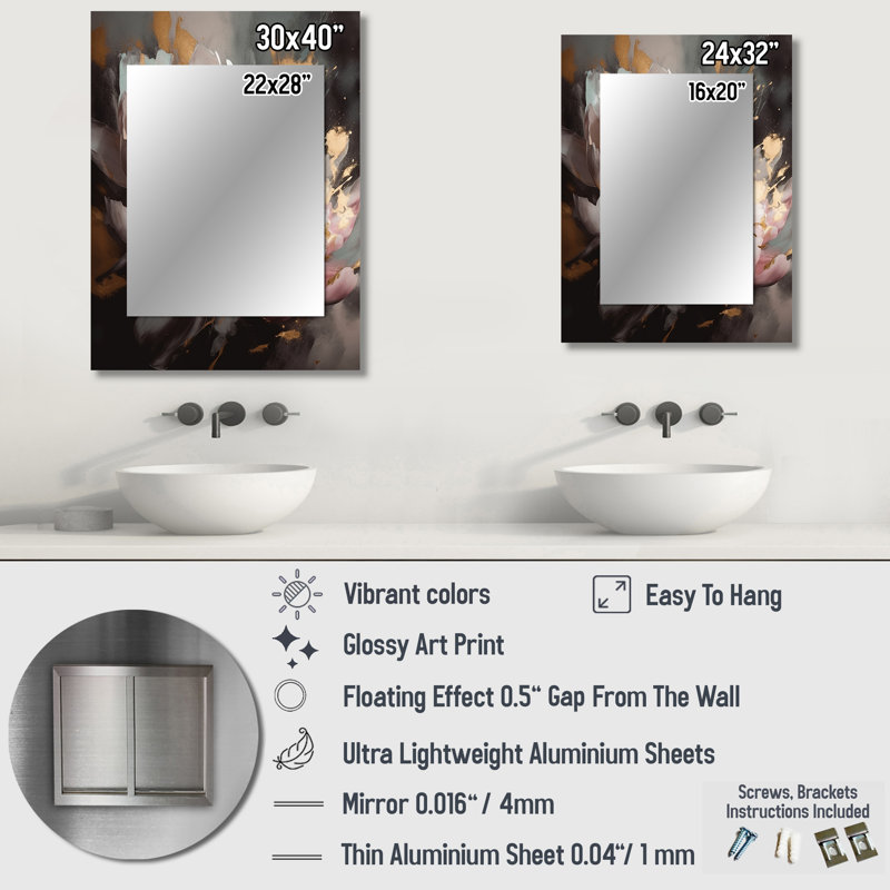 Marble Pink Gold Peony Flower V - Marble Mirror, Modern Unique Wall Mirror, Printed Metal Art, 32" x 24"
