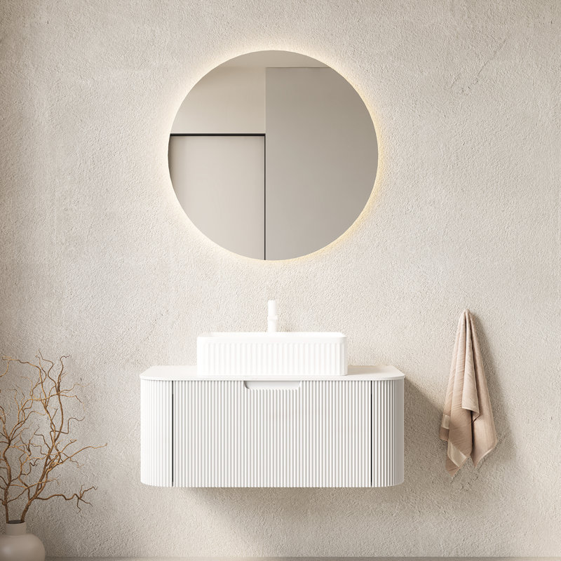 Meuble-lavabo moderne blanc 36 po avec rebords incurvés, lavabo rectangulaire en céramique, comptoir en pierre frittée, rangement en contreplaqué épais de 18 mm, panneau de tiroir rayé 3D, comptoir à fermeture silencieuse silencieuse,