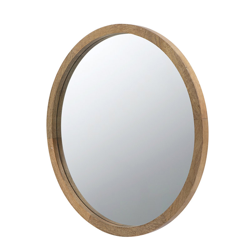 19.7" Circle Wall Mirror With Wooden Frame, Brown