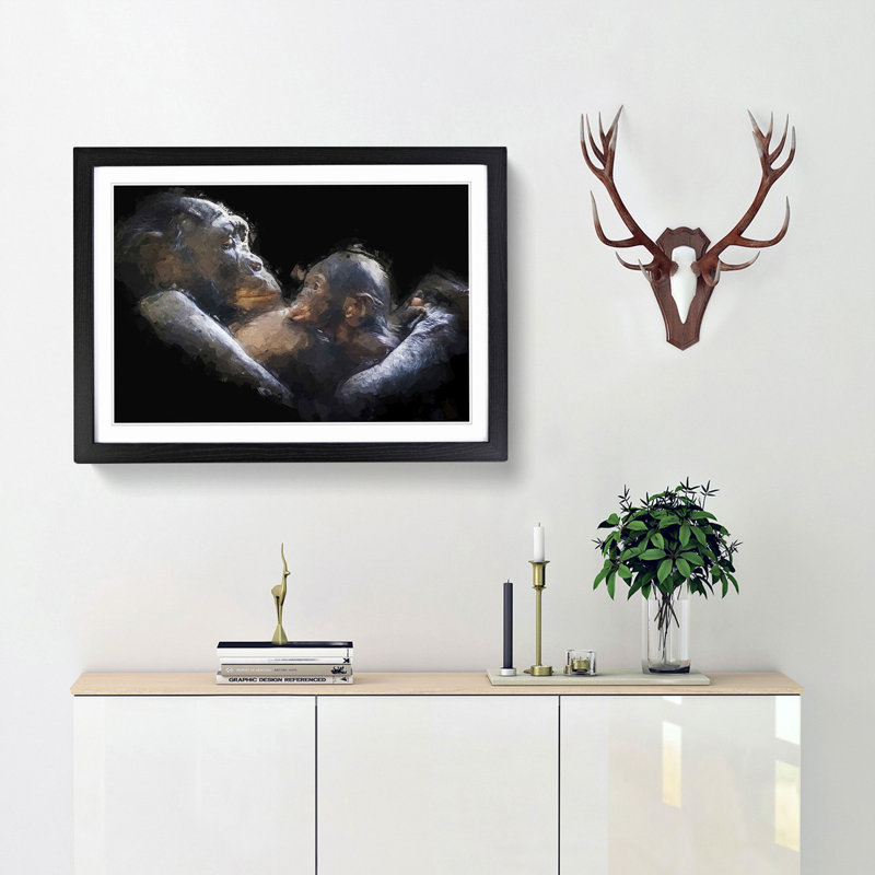 Gorilla Mother & Child in Abstract - Picture Frame Graphic Art Print, 48cm H x 65cm W x 2cm D, Black Framed