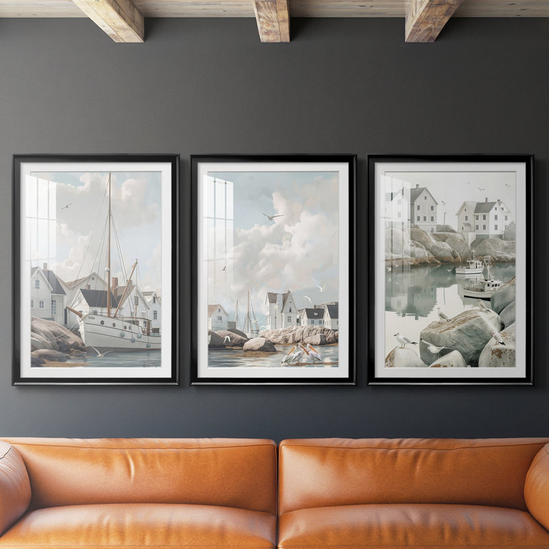 «Fisherman's Way III», reproduction sur mesure encadrée de qualité supérieure - 3 pièces, Noir, H 21 po x l 30 po