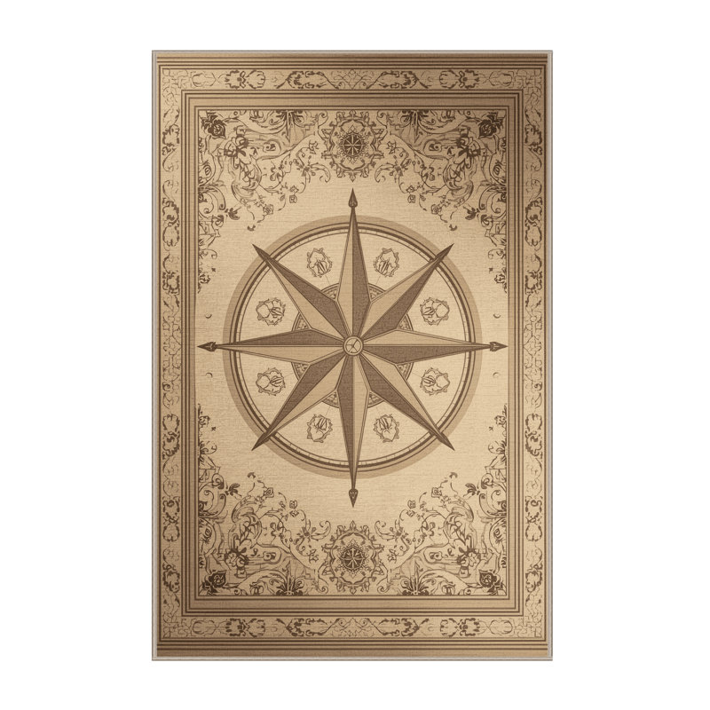 Soft Plush Bleeker Compass Rose Knowledge Classic Oriental Area Rug in Brown – Beige Binding, 5x8
