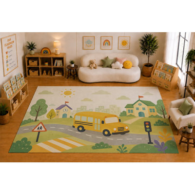 "Ultra Lightweight" Large 6'7" x 9'10" School Bus Road Area Rug for for Kids Room, Classroom, Bedroom, Playroom Decor, Soft Low Pile Indoor Rug with Non-Slip Silicone Backing, Cream Green Yellow