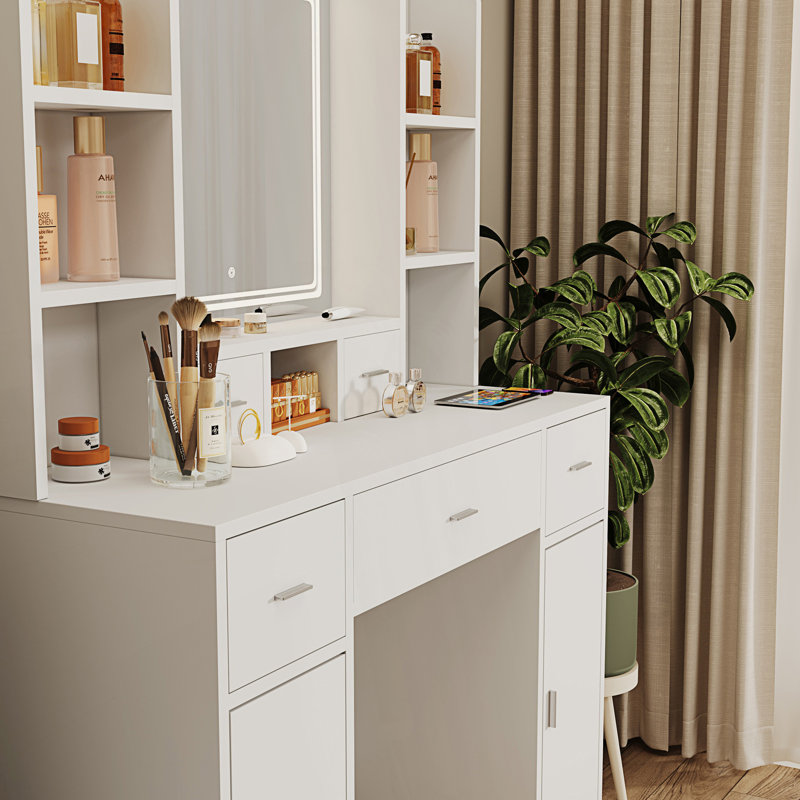 La coiffeuse avec miroir à DEL est équipée d'un support pour sèche-cheveux, Blanc